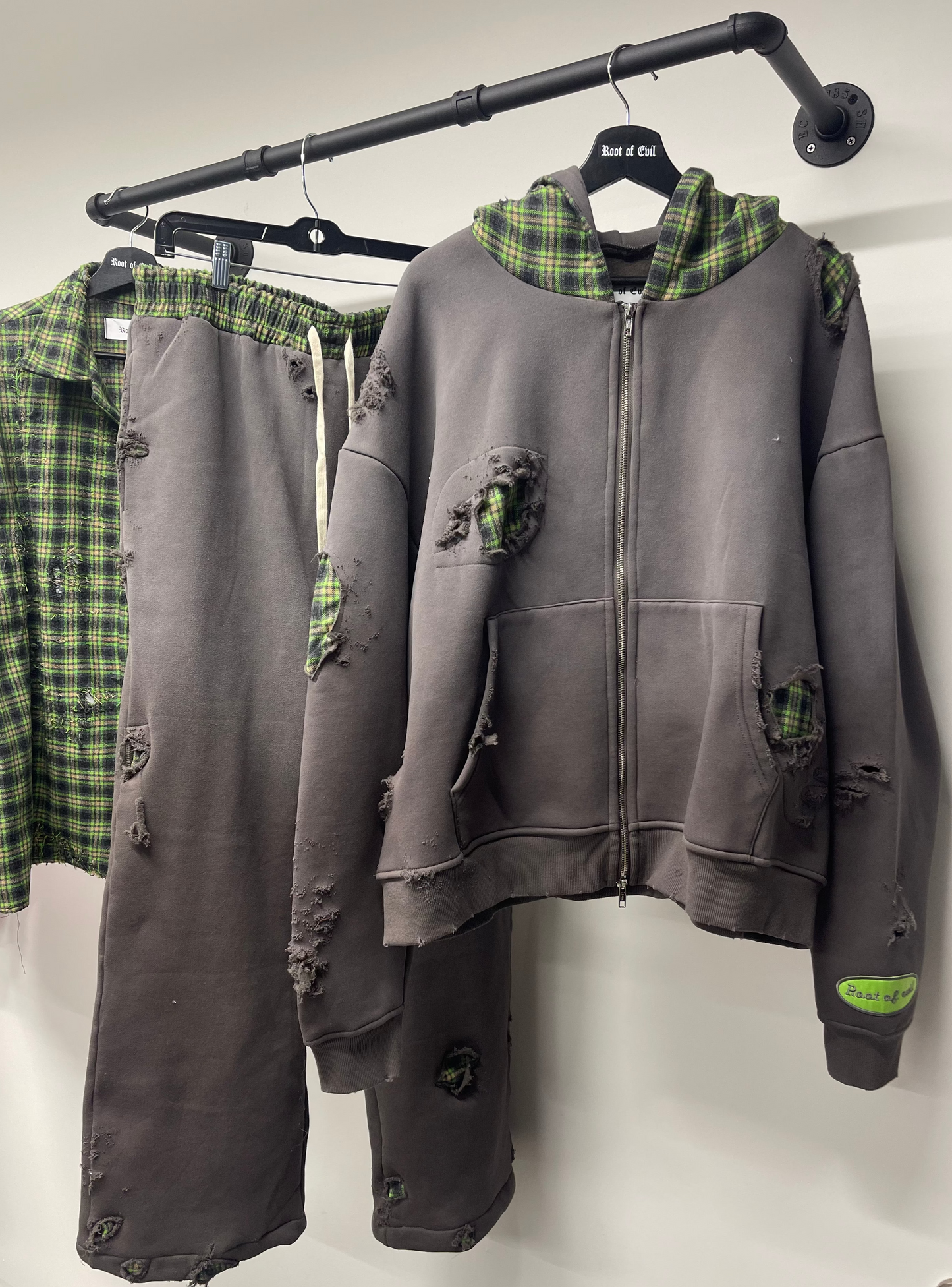 Root of Evil Distressed Flannel Insert Tracksuit Set
