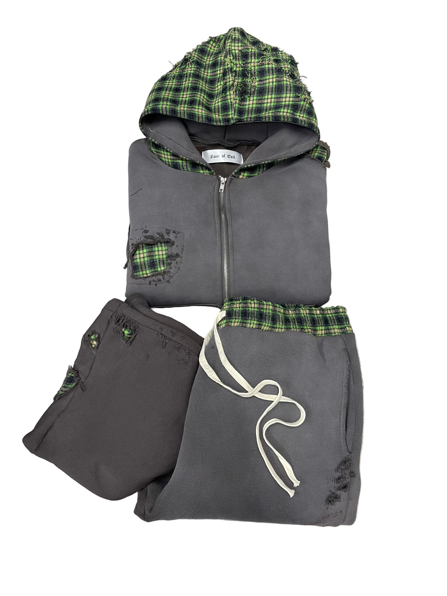 Root of Evil Distressed Flannel Insert Tracksuit Set