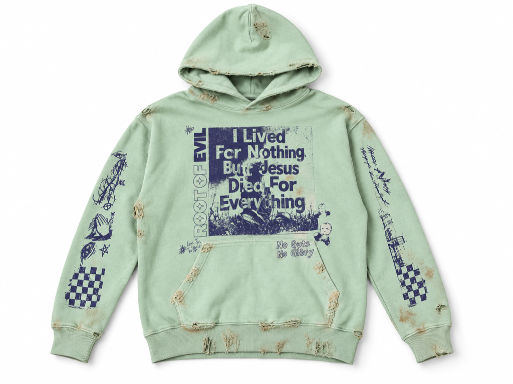 Root of Evil “No Guts, No Glory” Distressed Hoodie