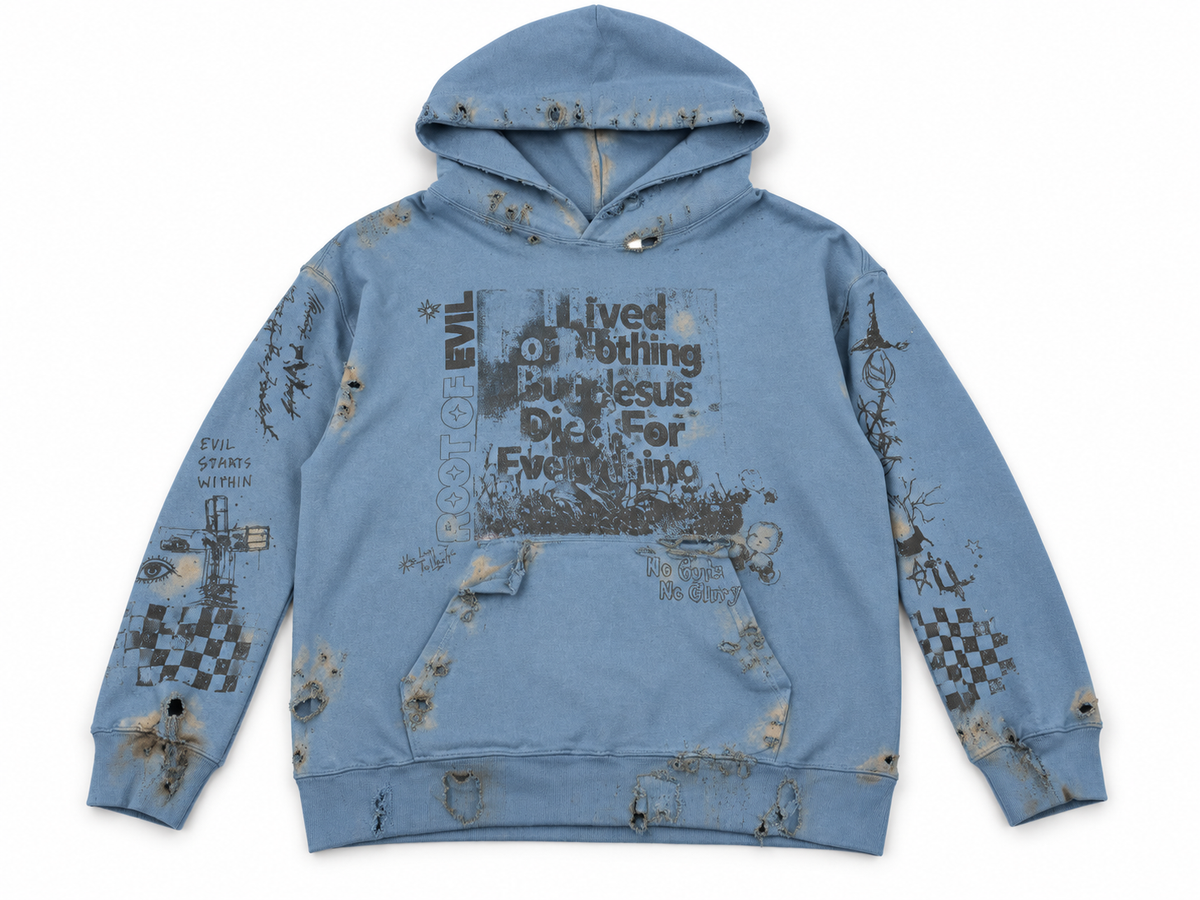 Root of Evil “No Guts, No Glory” Distressed Hoodie