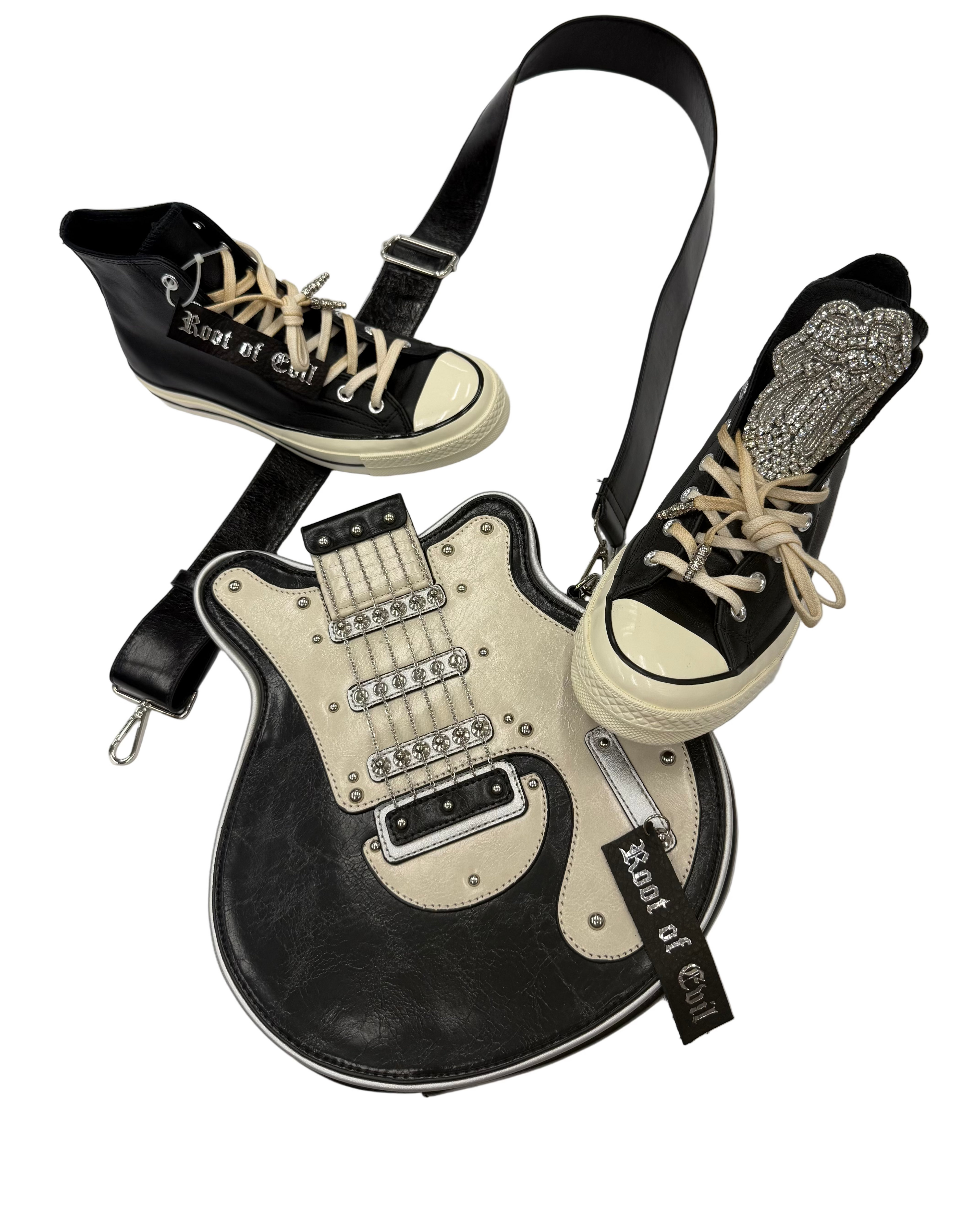 BLACK LEATHER 70’s CHUCKS — CRYSTAL ROLLING STONE EDITION